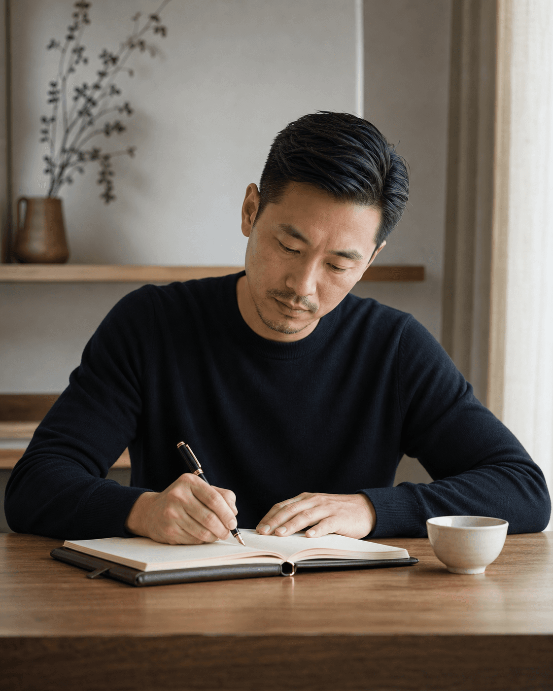 Chen,38 岁,在书桌前写交易日志
