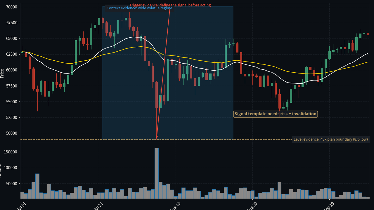 Signal vs Strategy signal 模板 annotated K-line chart